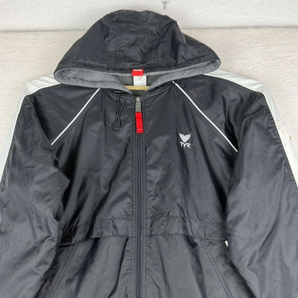 TYR Swim Parka Men Large (L) Black White Fleece Lined Hooded Warm Up Jacket